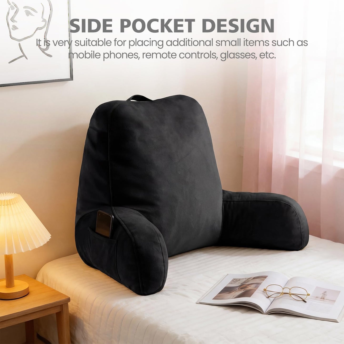Yagamo Reading Pillow with Adjustable Memory Foam,Adult Backrest with Arms, Back Pillow for Sitting in Bed with Washable Cover- Large, Black