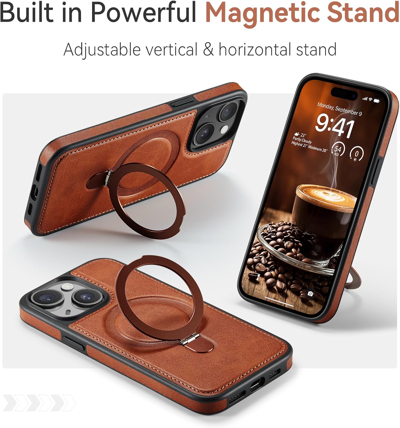 CHEEWADA 15 6.1", for iPhone Case with Stand Compatible with Magsafe Slim PU Leather & Durable TPU Drop Proof Magnetic