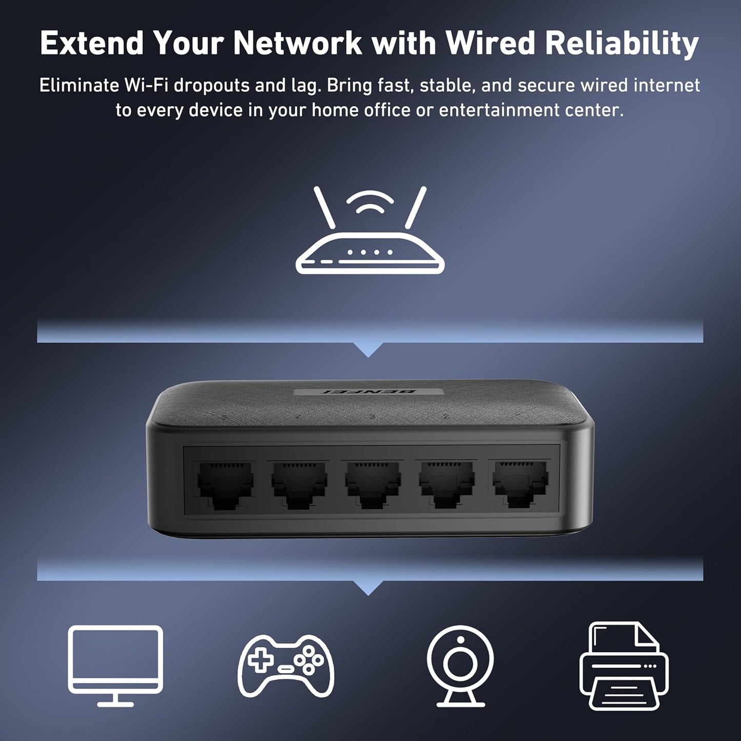BENFEI 5-Port Gigabit Ethernet Switch, Wall Mount & Desktop Network Switch Hub, Ethernet Splitter, Plug & Play