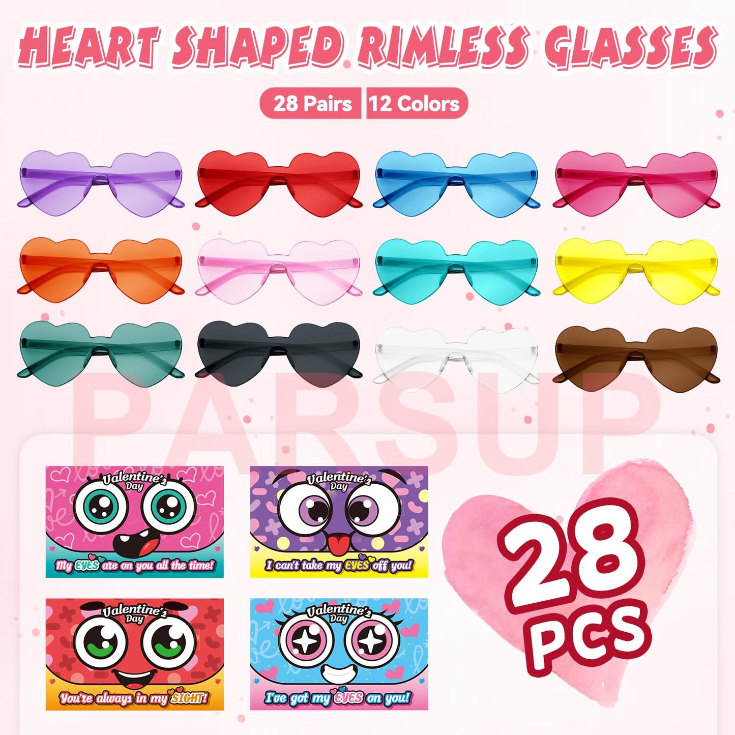 PARSUP 28 Pcs Valentine's Day Greeting Cards with Heart Shape Glasses - Plastic Eyeglass Case Filler Toys Party Favor Supplies Gfit Bag Stuffer for Valentines Day Classroom Exchange Gifts