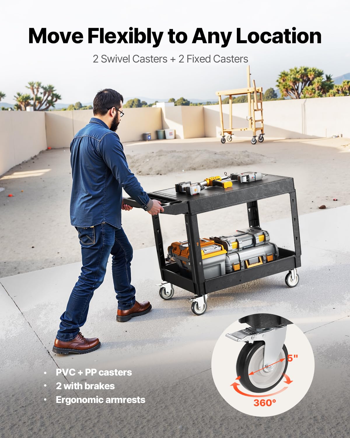 VEVOR Utility Cart, 550 lbs Load Capacity, 37 x 25.4-inch Service Cart, Two-Shelf Heavy Duty Plastic Utility Cart with 360° Swivel Wheels (2 with Brakes), Suitable for Warehouse, Garage, Cleaning