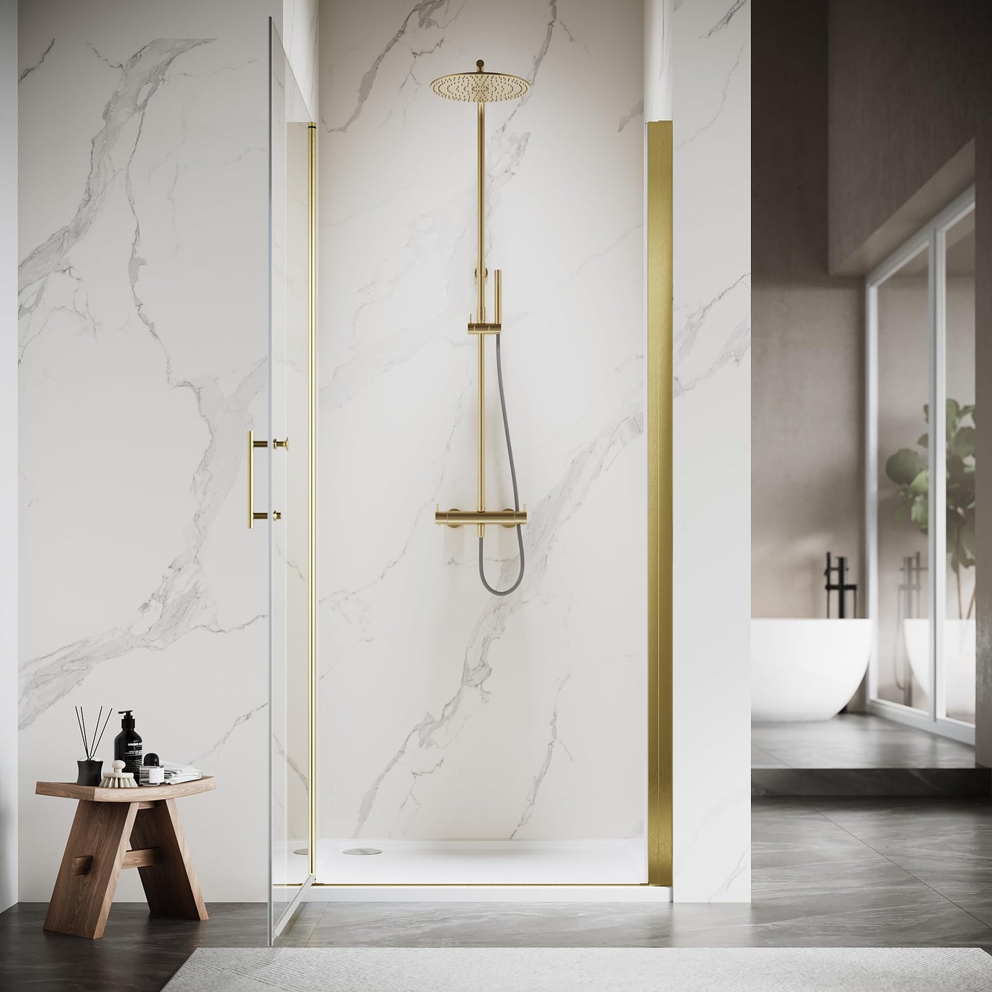 Pivot Shower Door 36" W x 72" H, Semi-Frameless Brushed Gold Shower Glass Door with 6mm SGCC Clear Tempered Glass, Reversible Design, Waterproof Seal, Anti-Fog & Easy Clean Coating