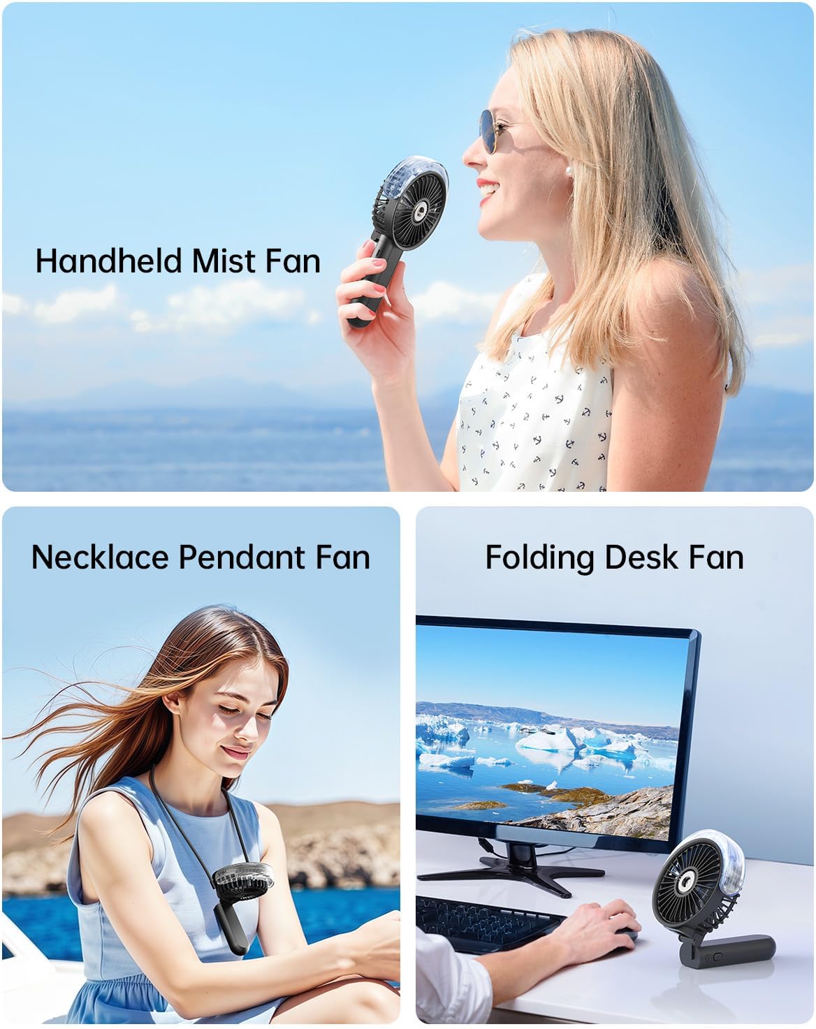 Sweetfull Portable Misting Fan - 180° Foldable Handheld Fan with Mist Spray, USB Rechargeable, 3 Speeds
