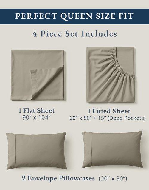 LANE LINEN 100% Organic Cotton Queen Sheets - Soft, Naturally Cooling Percale Weave Set in Silver