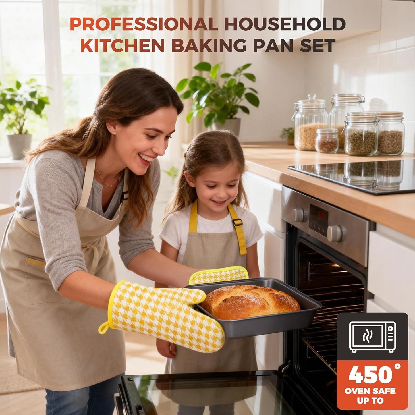 Skiennix 3-Piece Non-Stick Baking Pans Set - Stackable Bakeware with Baking Glove | Carbon Steel, Black