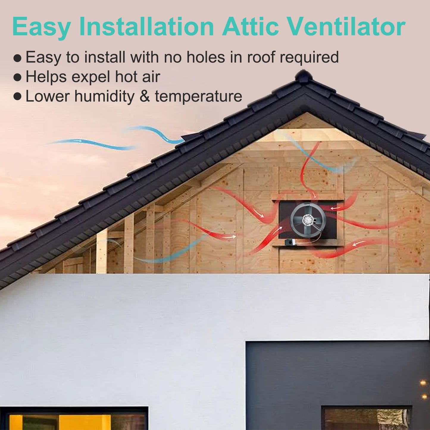 Hipoilk Gable Mount Power Attic Fan with Adjustable Thermostat, 15 Inch Attic Exhaust Fan, 1650 CFM, 1075 RPM, 3.4 Amp