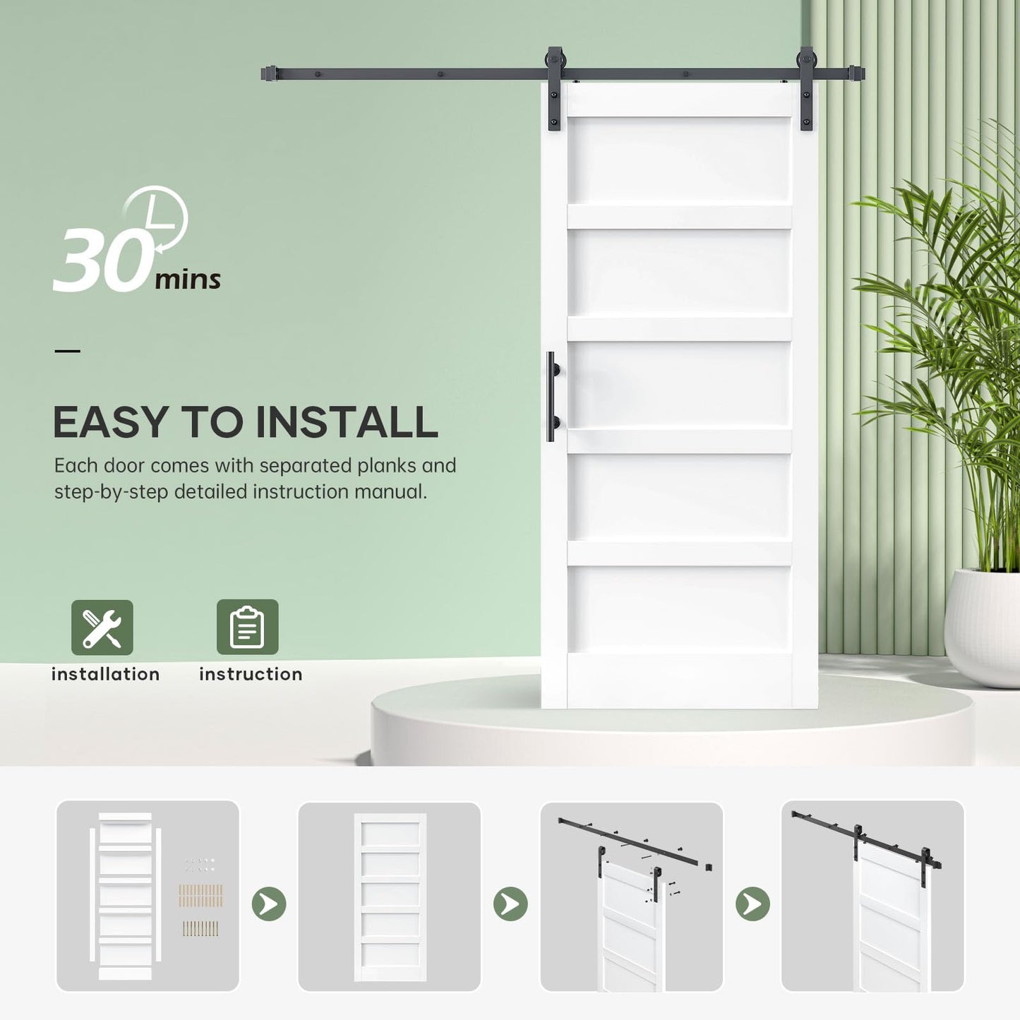 ROYMELO 38x84 Inch White Sliding Barn Door Slab with 6.6ft Hardware Kit Included, 5-Panel, MDF Wood Panel Covered with Water-Proof Scratch-Proof PVC Surface, Simple DIY Assembly