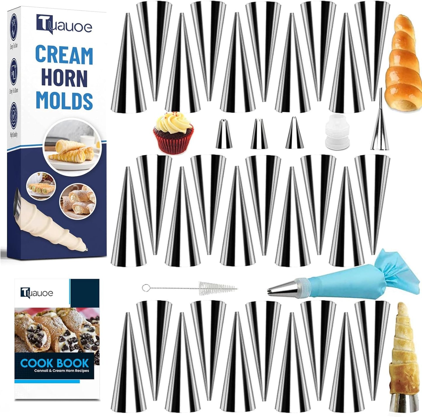 Skiennix Cream Horn Molds Set - 38-Piece Non-Stick Stainless Steel Cone Forms with Cleaning Brush & Piping Kit