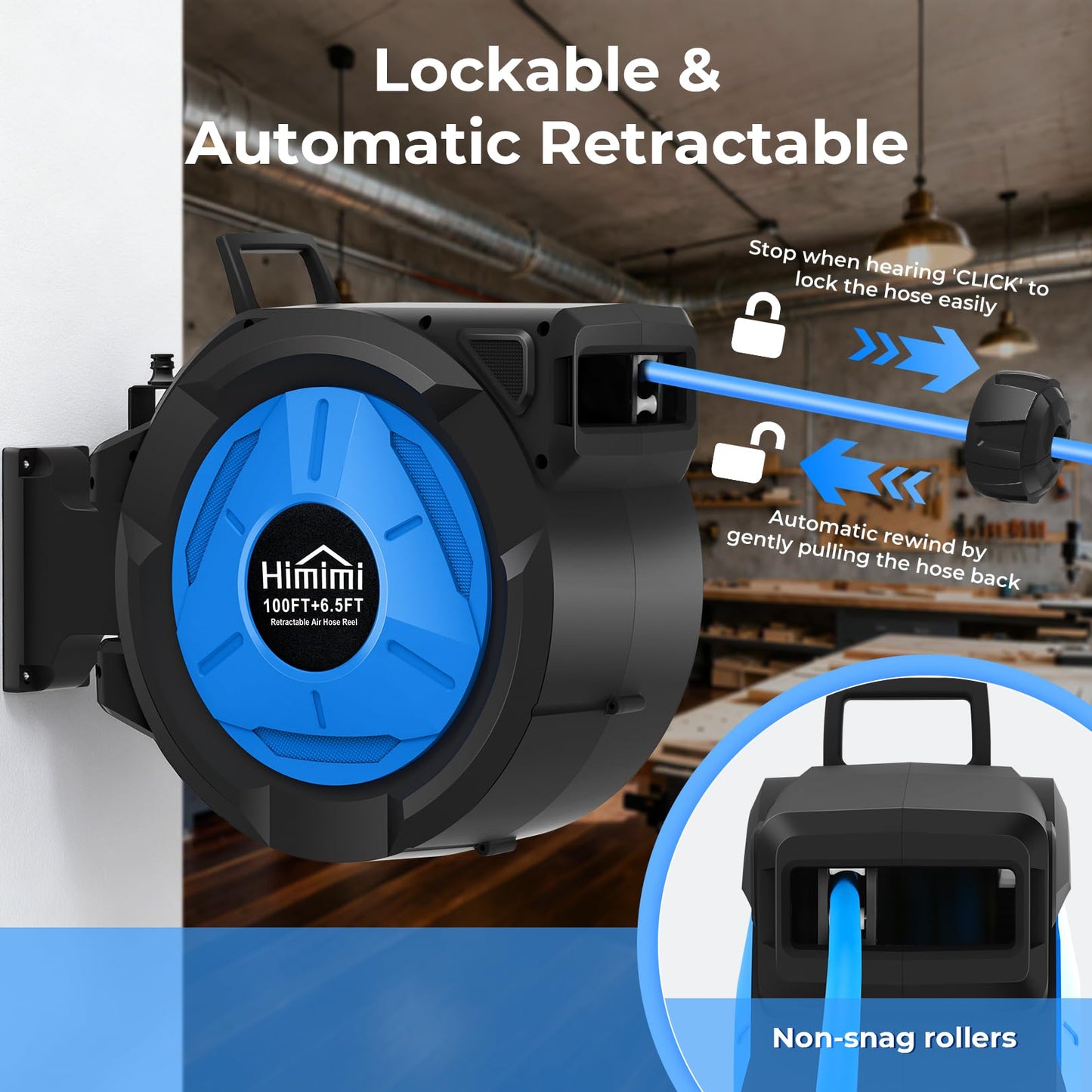Retractable Air Hose Reel, 3/8" x 100 Ft Hybrid Hose Air Compressor Hose Reel with 6.5 Ft Lead-in Max 300 PSI, Air Hose with Any Length Lock, Automatic Rewind, 180° Swivel Bracket, Quick Coupler