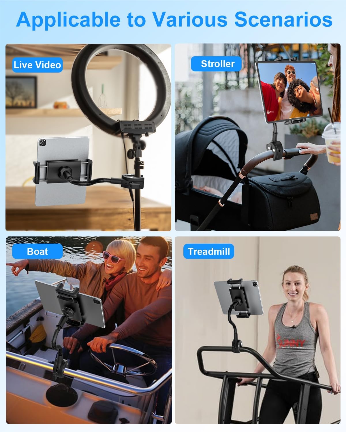 Kolasels 4.7-12.9" Spin Bike Tablet Holder, Gooseneck Tablet Holder for Wheelchair, Stroller, Indoor Cycling, Gym