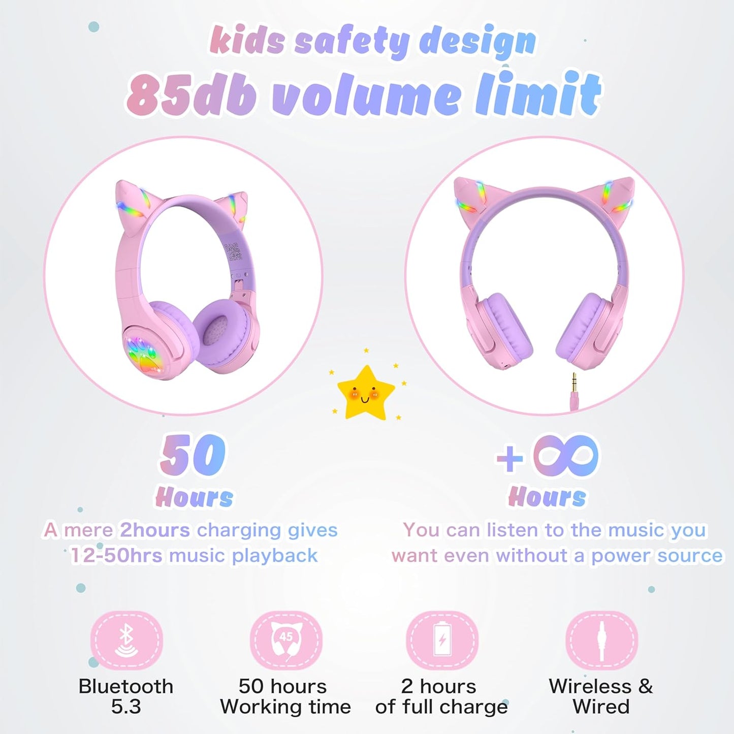 CF9 85dB Riwbox Cat Ear Kids Bluetooth Headphones with LED Light Up,Safe Volume Limit,Built-in Mic&Boom Mic
