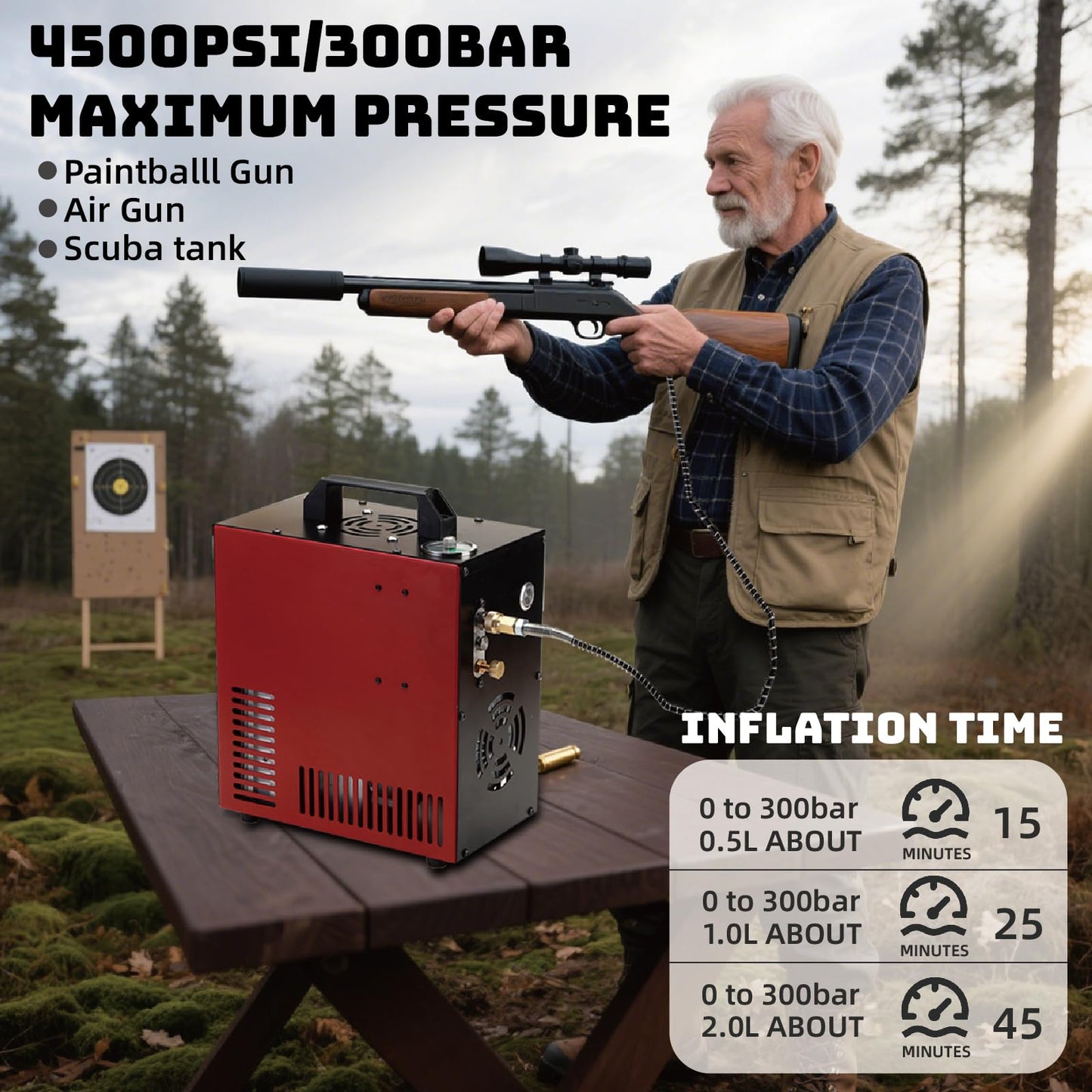 Thunder 4500Psi PCP Air Compressor,Refilling Up to 1.6L,Fast Fill for Airguns or Paintball Tank,Auto Shut Off,Water/Oil Free,Built-in Converter and Cooling Fan,350W Portable Pcp Pump
