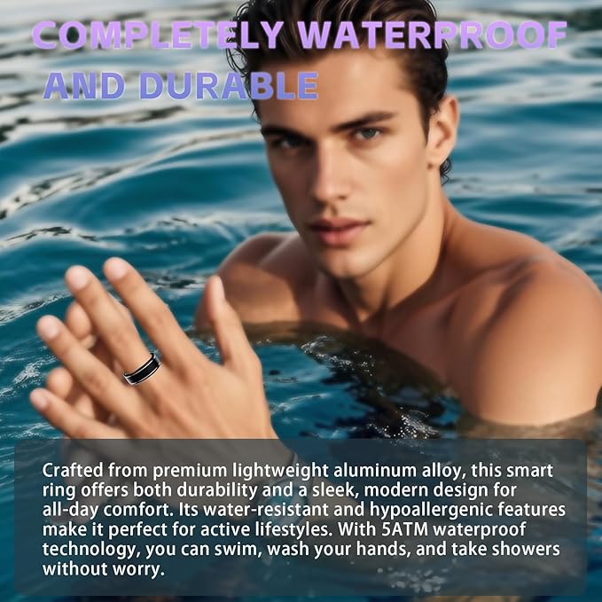 Activity Tracker Ring for Men ??Smart Ring with Heart Rate, SpO2, Blood Pressure, Sleep Monitoring, Step & Calorie Counter, 5ATM Waterproof, No Subscription Fee (Black, 8)