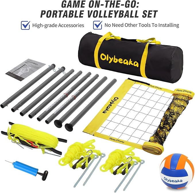 Outdoor Portable Volleyball Net Set for Backyard Beach with Adjustable Heavy Duty Poles, Durable Net, PU Volleyball & Pump, Carry Bag