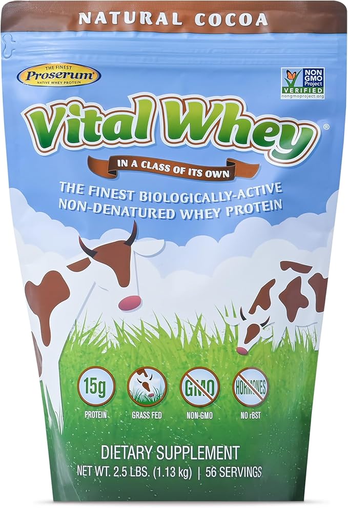 Grass-Fed Whey Protein Powder for Immune Vitality, Natural Cocoa 2.5lbs (56 Servings), 15g Protein Per Serve, Vital Whey, Clean Holistic, Wellness Nutrition