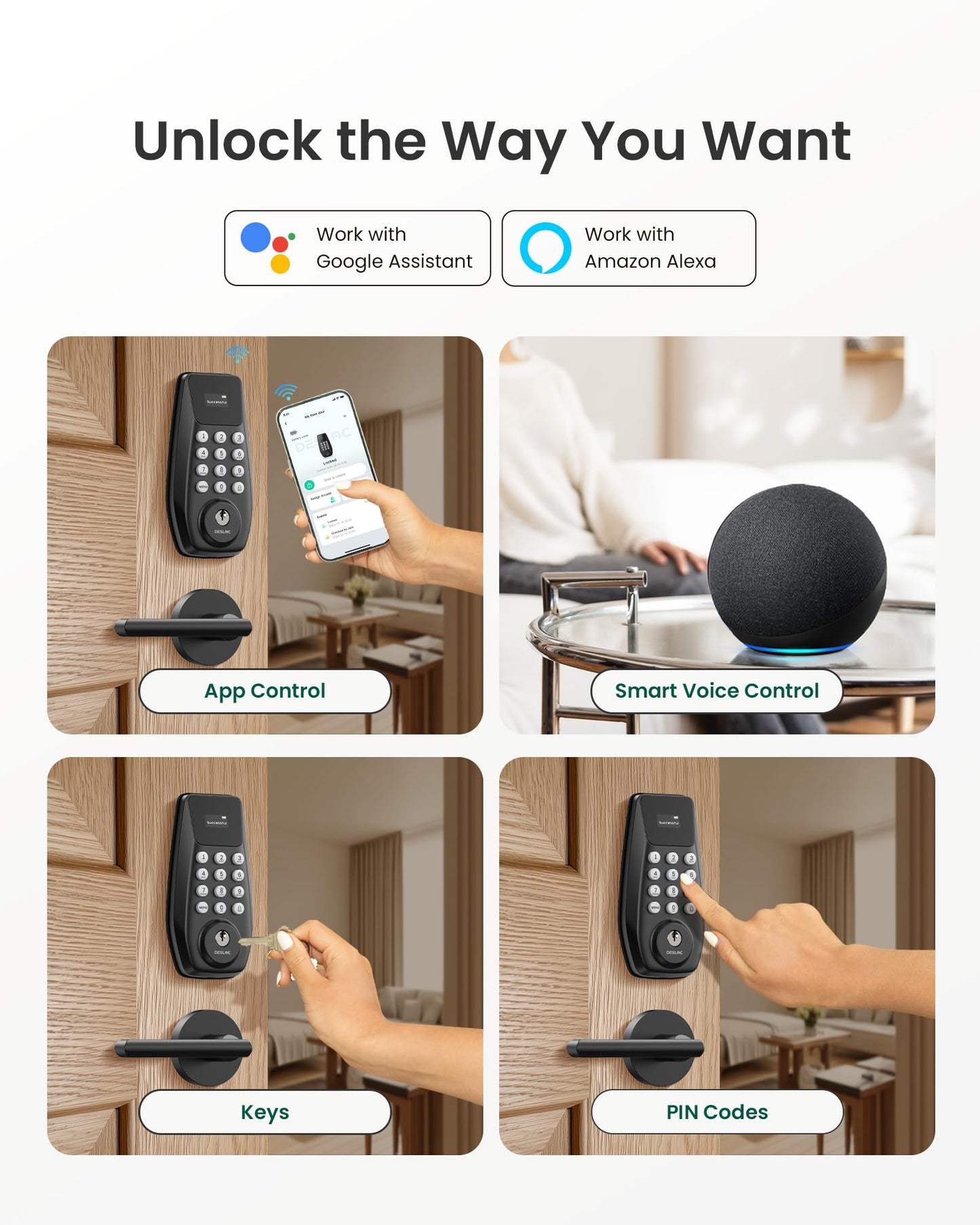 DESLOC C100 Plus Built-in WiFi Smart Lock with Handle Set, Built-in WiFi Keyless Entry Door Lock with Display, Keypad Deadbolt & Matching Lever Handle for Front Door, App Remote Control - Black