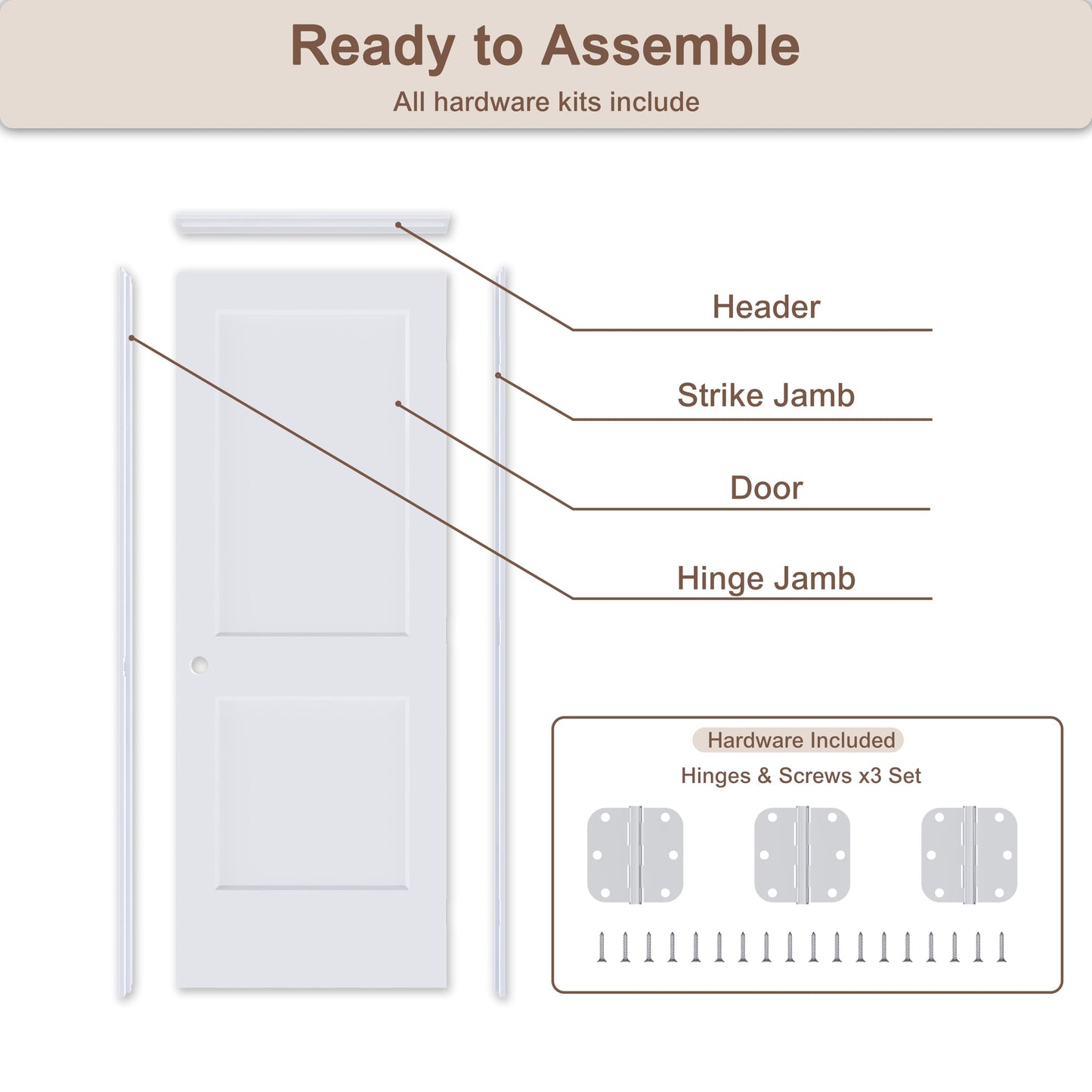 JUBEST 30"x80" Left-Hand Prehung Interior Door with Knock Down Jamb Kit & Satin Nickel Hinges, 2-Panel White Primed Hollow Core Molded Door Slab with Bore & Hinge Cutout, Durable & Sturdy, No Handle