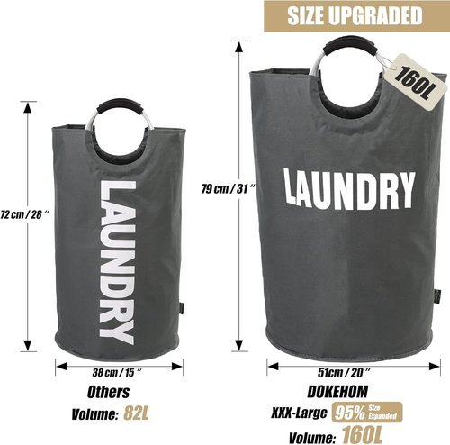 DOKEHOM XX-Large Laundry Basket - 160L Collapsible Hamper in Dark Grey | Foldable Design, 7 Colors Available
