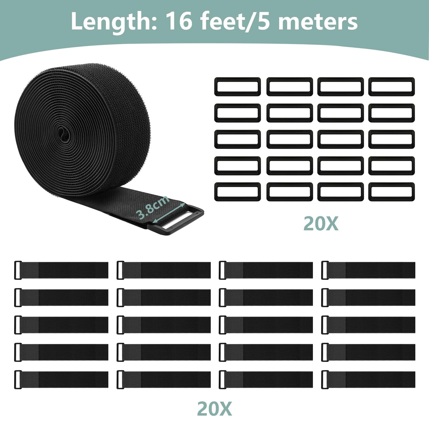 WSZJINB 1.5In x 16Ft Cinch Straps Heavy Duty With 20 Buckles, Black Nylon Hook and Loop Straps, Reusable Long Cable Ties for Organizer or Storage