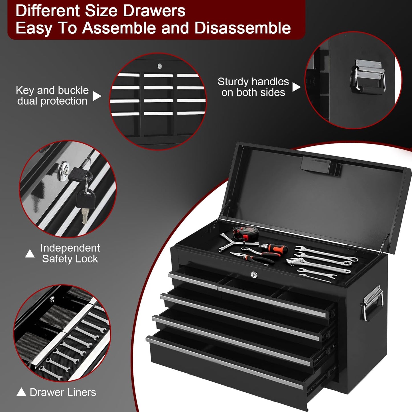 Towallmark 8-Drawer Rolling Tool Chest, 2-in-1 High Capacity Removable Cabinet Storage Tool Box with Wheels and Drawers, Detachable Toolbox with Lock for Workshop Mechanics Garage (Black)