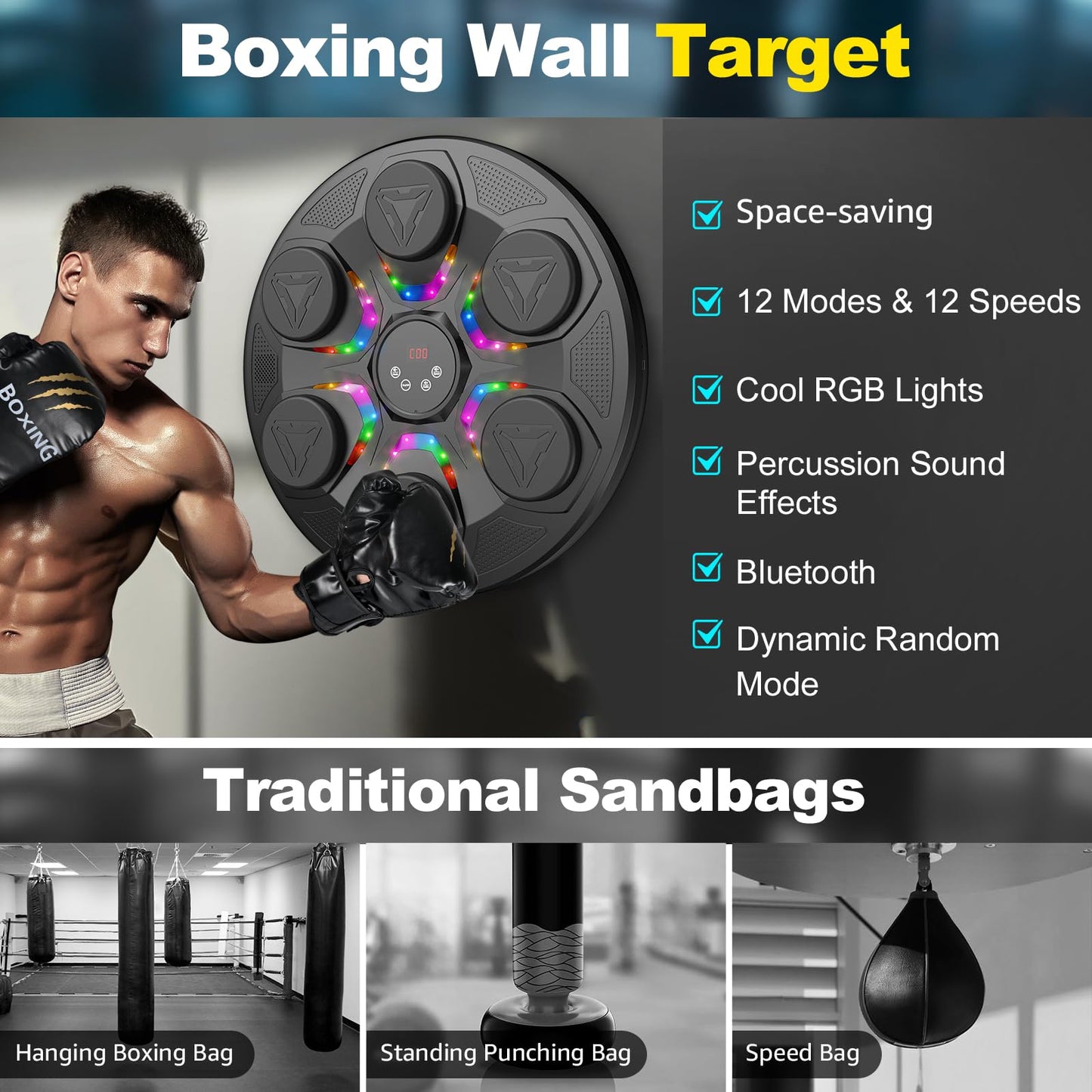Upgrade Music Boxing Machine For Adults Kids, Interactive Music Punching Machine with Gloves 12 Modes 12 Speeds, Wall Mounted Electronic Boxing Punching Pad with Wireless Connection LED Display