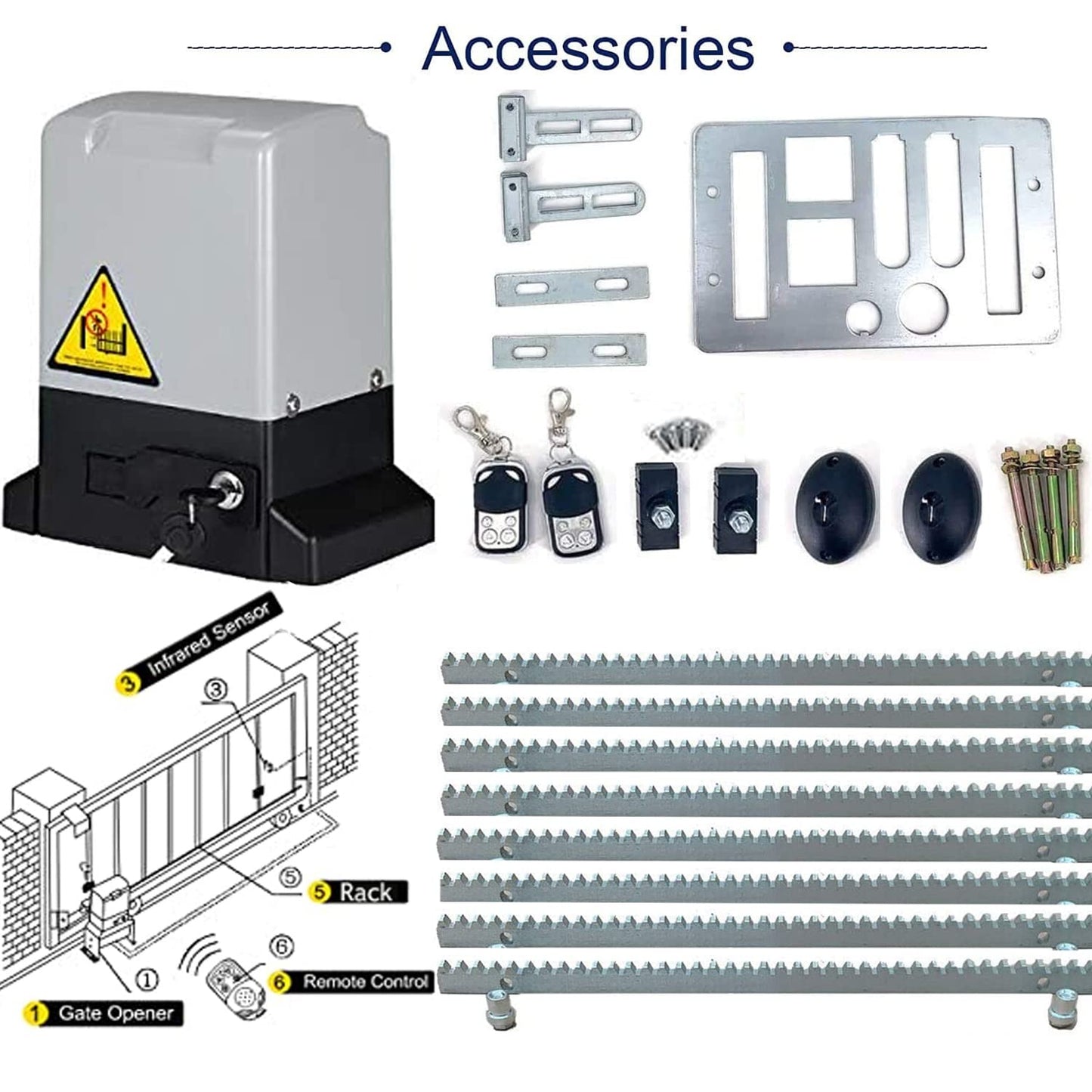 YILIKISS Automatic Sliding Gate Opener Kit Rack Driven Sliding Gate Motor with Remote Controls and Infrared Sensor Electric Gate Operator Complete Kit for Slide Gates Up to 1800 Pounds