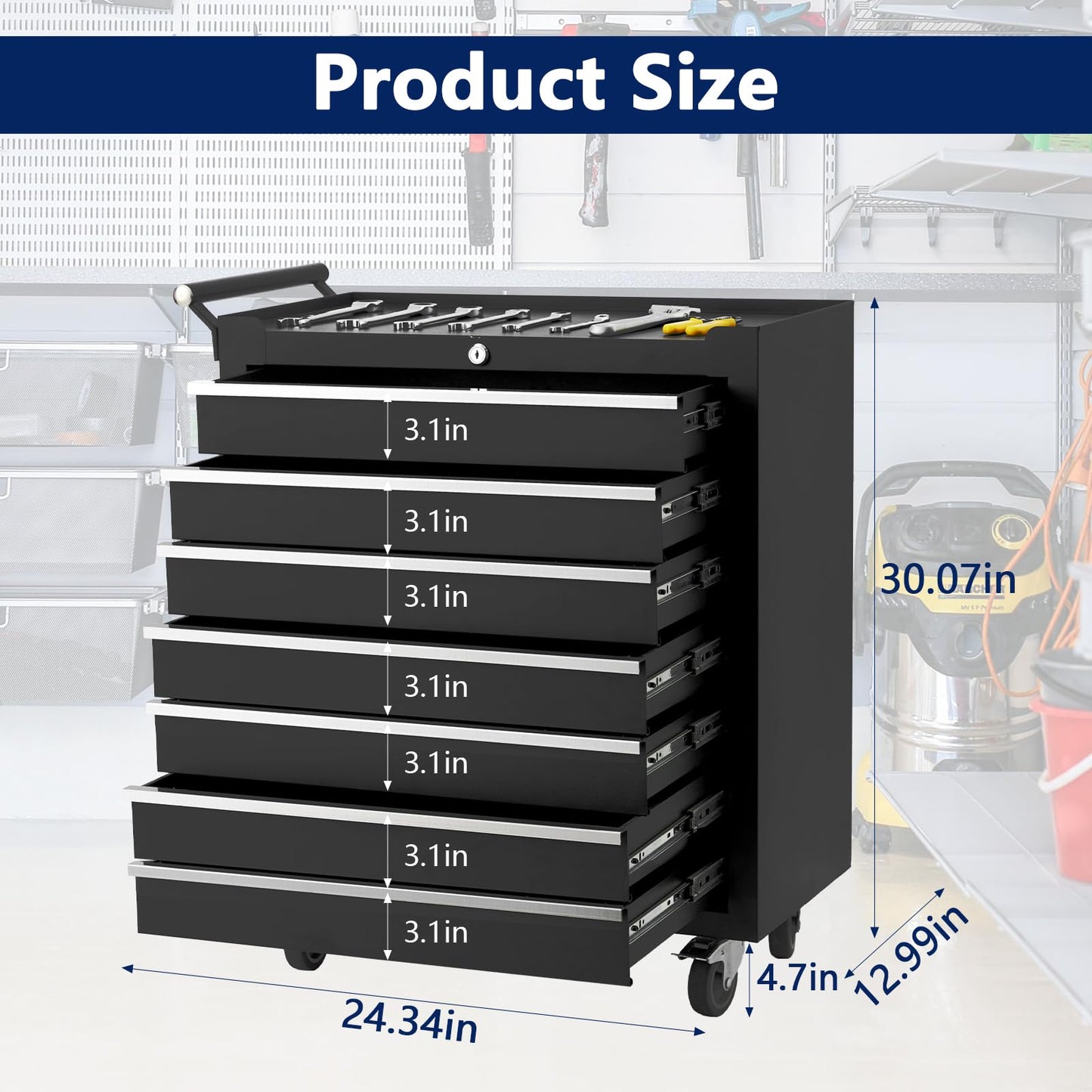 GarveeLife 24-Inch Rolling Tool Chest, 7-Drawer Mobile Tool Cabinet with Locking System, Heavy-Duty Rolling Tool Storage for Garage, Workshop, and Home DIY Projects