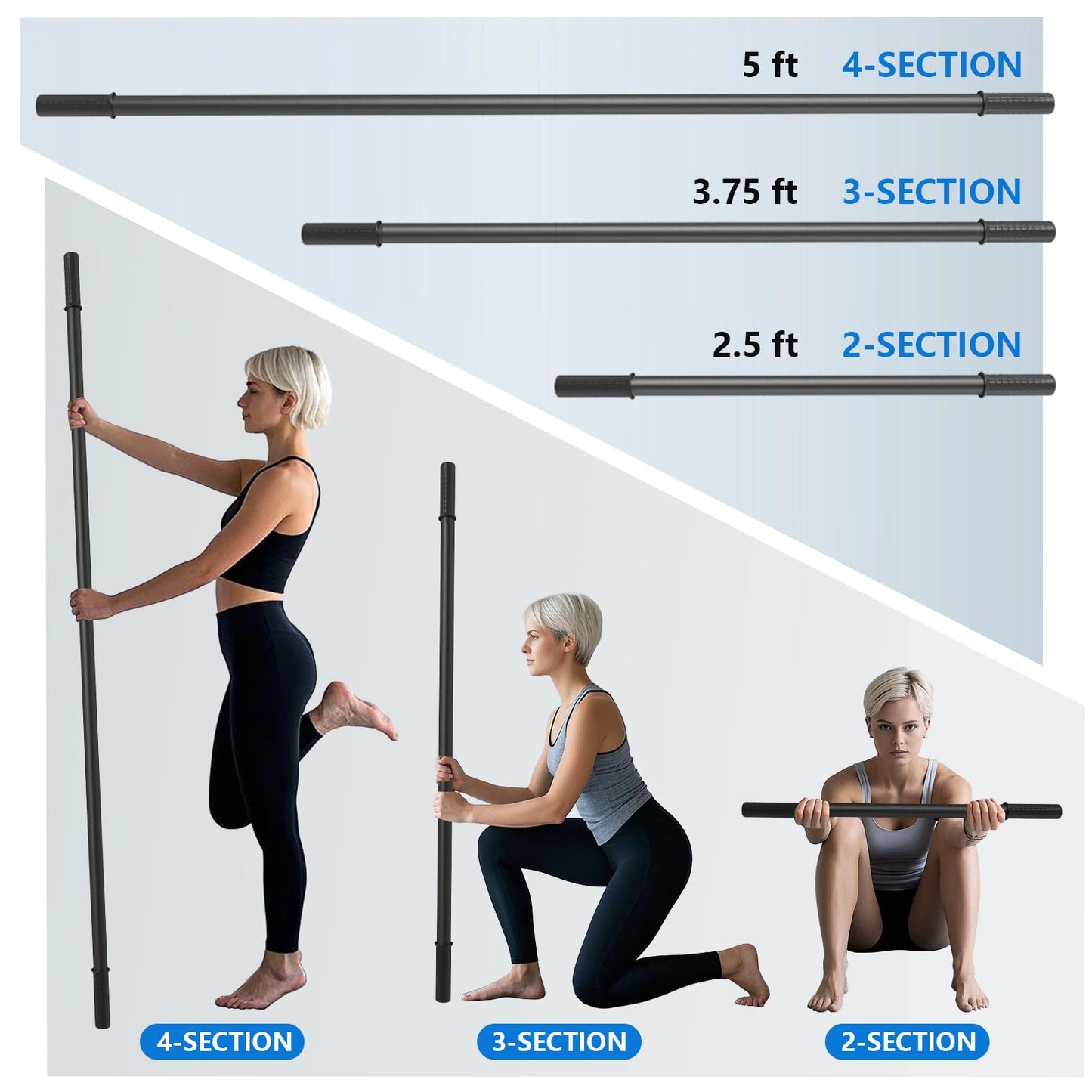 Wasoyun Yoga Stick 5ft, Adjustable Stretching Stick with 4 Steel Rods, Non-Slip Handle and Exercise Guide for Stretching and Exercise Physical Therapy, Pilates, Multi-Functional Fitness Stick.