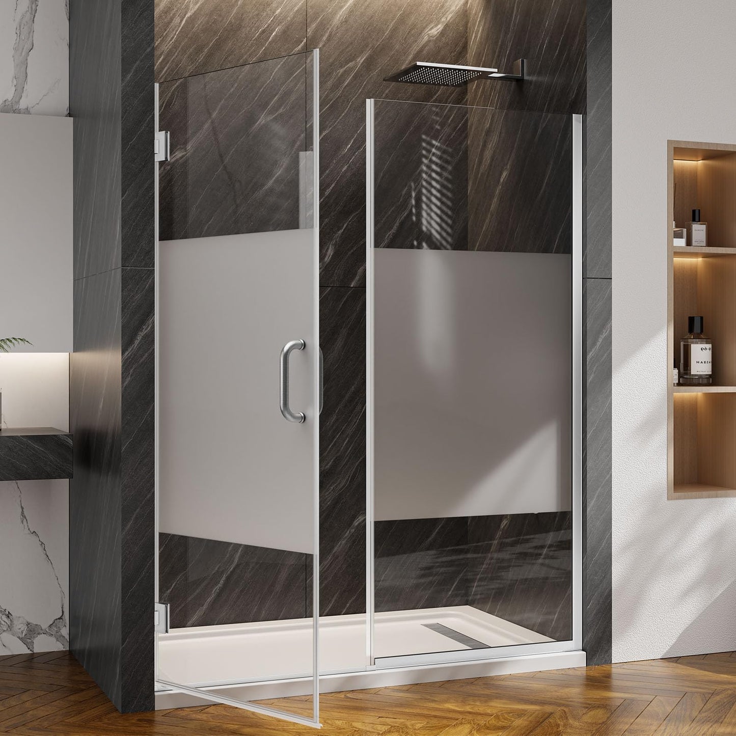 Pivot Swing Shower Door, Adjustable Width 59-60" W x 74" H Semi-Frameless Shower Glass Door with 5/16 in Clear SGCC Middle Frosted Tempered Glass with Nano Easy-Clean Coating (Brushed Silver)