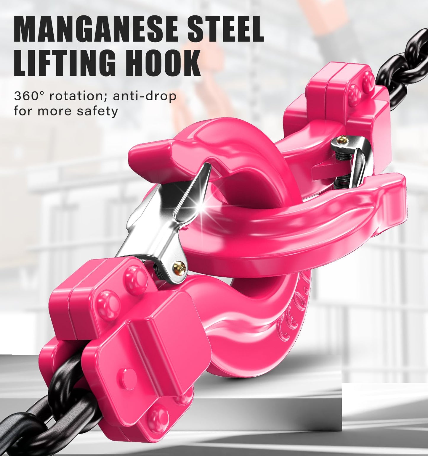 HUGOASIS 3/4 Ton 1650lbs Lever Chain Hoist Capacity 10ft,Chain Come Along with Dual Brake System, G80 Manganese Steel Chain, 2 Heavy Duty Hooks for Garages Warehouse Automotive Machinery – Pink