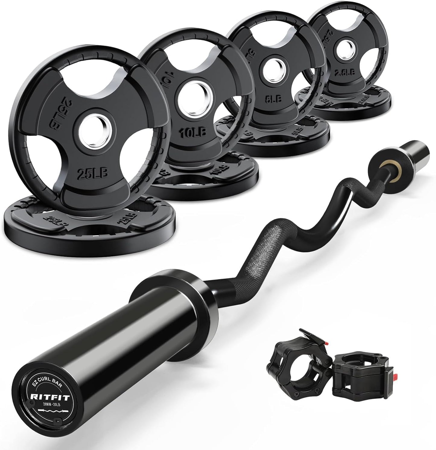 RitFit 2 Inch EZ Curl Bar with Weights, 350LBS Weight Capacity Olympic Curl Barbell for Bicep, Tricep and Weight Lifting Exercises, with 85LBweights