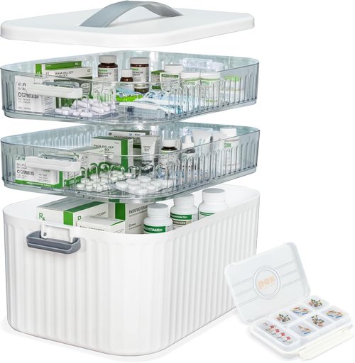 Multi-Tier Medicine Storage Box - Portable First Aid Organizer for Home & Travel | Large Pill Cabinet with Bonus 7-Day Pill Case (3-Tier & 4-Tier Options)