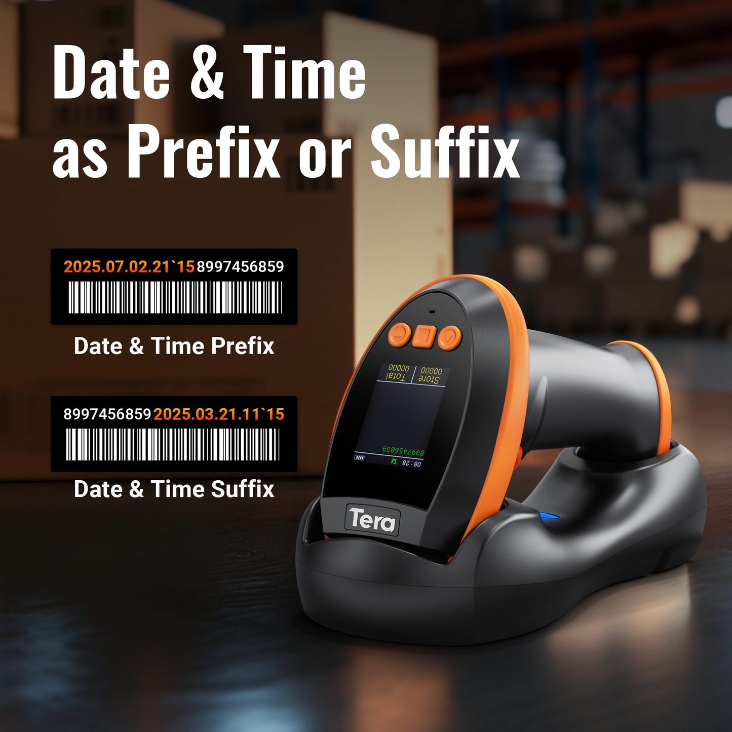 Tera Barcode Scanner Wireless with Screen: Pro Version 1D 2D QR with Setting Keypad Charging Cradle Works with Bluetooth 2.4G Wireless USB Wired Handheld Bar Code Reader HW0009