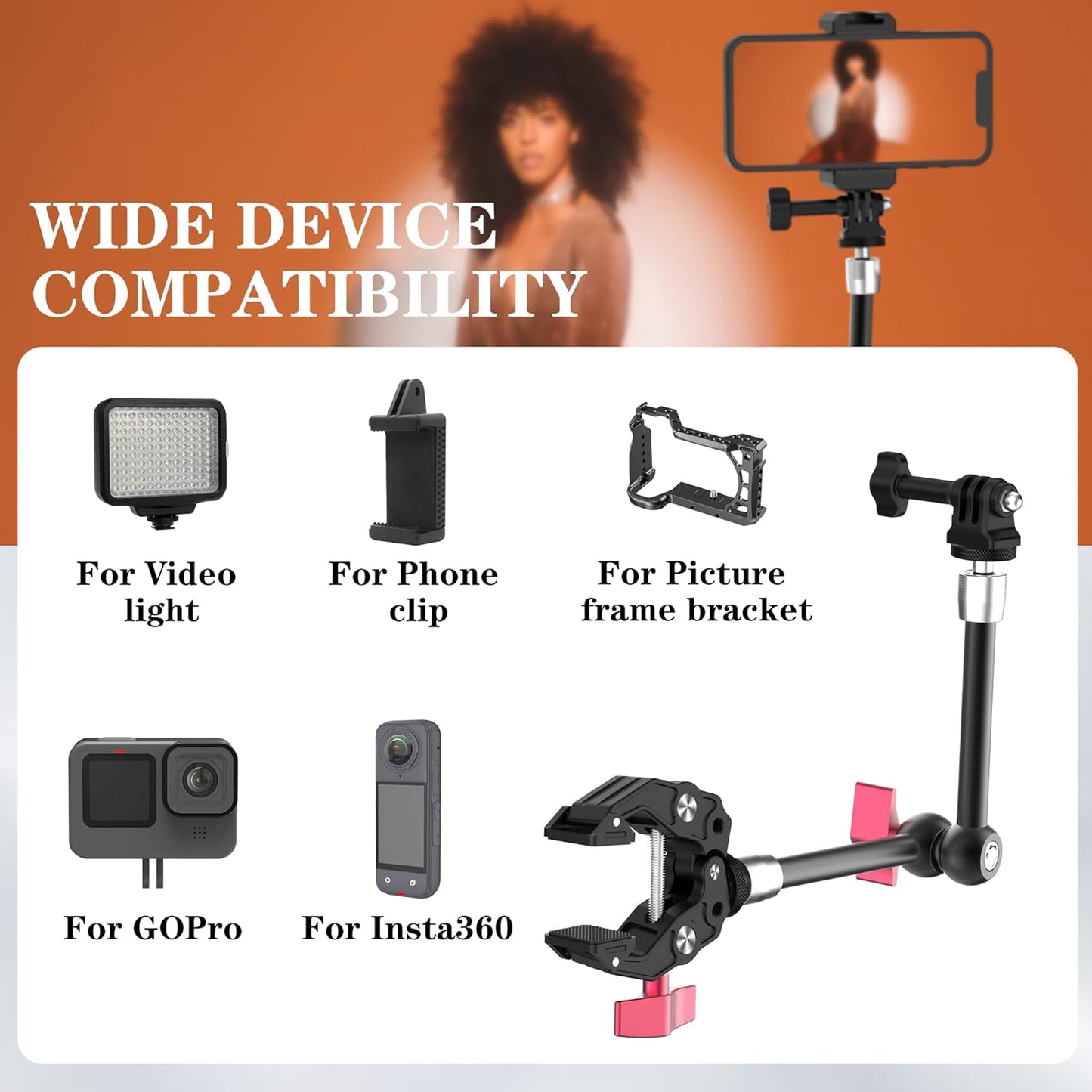 Taisioner 9.8" 1/4" 3/8" 360 1.5kg Magic Arm Clamp Kit with Screw Ball Heads Articulating Arm with Super Clamp Camera