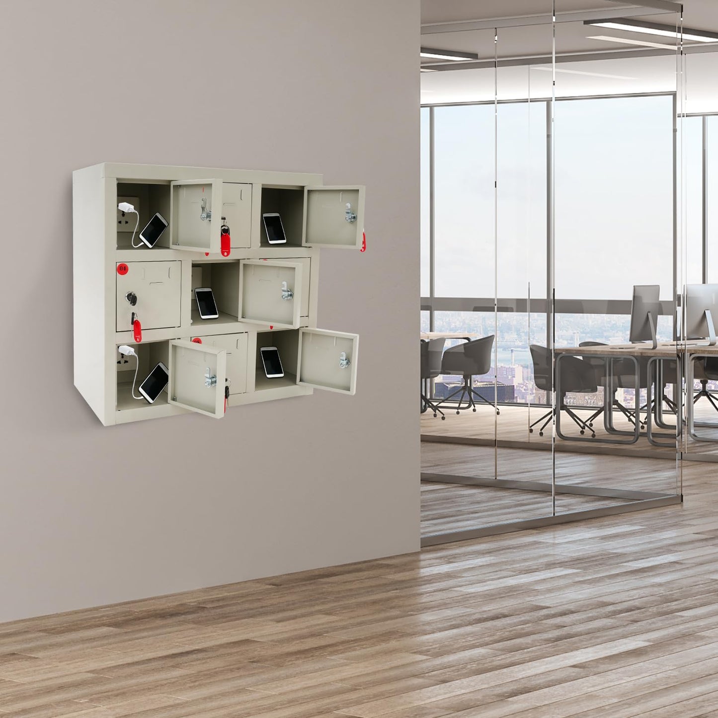 QUEWATSA 9 Slots Cell Phone Locker, Cell Mobile Phone Steel Locker, Cell Phone Locker with Charging Station, Rechargeable Mobile Phone Storage Cabinet with Individual Charging Outlets