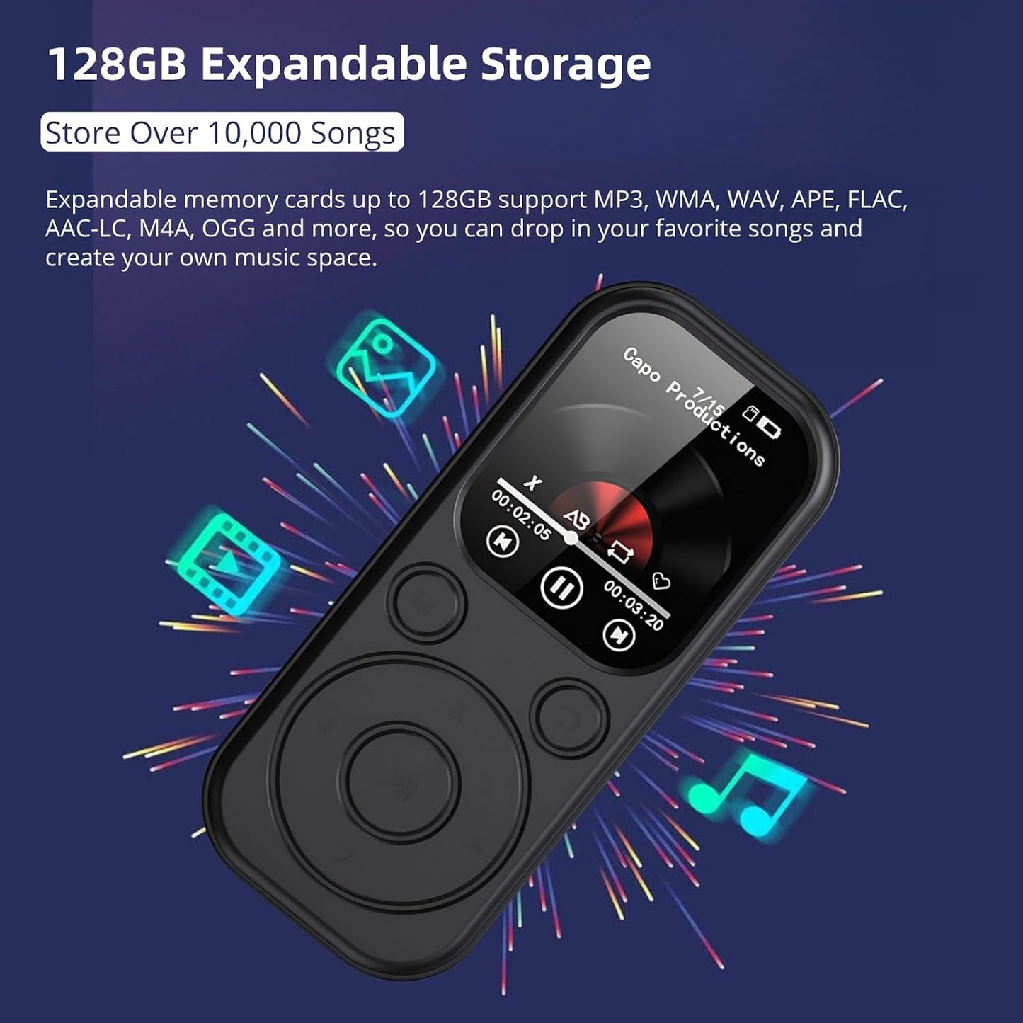 Yoidesu MP3 5.4, 2.01in 128G, 3.5mm Player with Bluetooth Portable Music Player HiFi Sound with Screen, Enjoying
