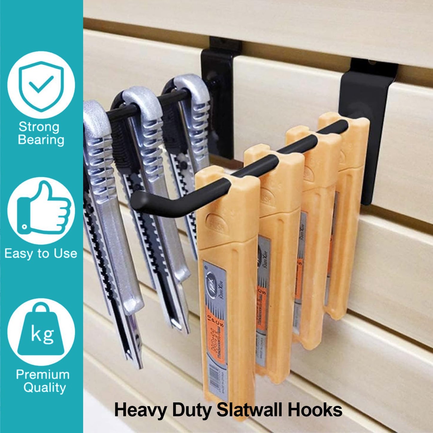 HJW Slatwall Hooks 50 PCS 4 Inch Black Slatwall Accessories Garage Shop Retail Display Heavy Duty Pegboard Gridwall