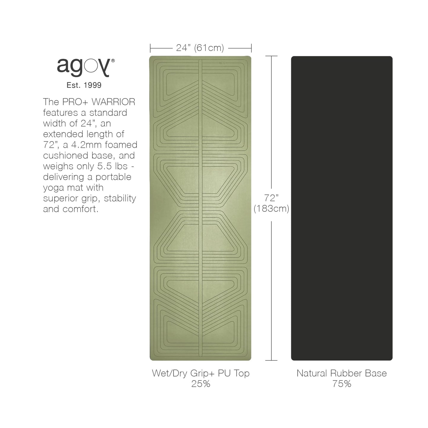 agoy PRO+ WARRIOR - Premium Non-Slip Yoga Mat - Eco-Conscious Design - PU Surface With Wet/Dry Grip+ - Focus Alignment – Natural Tree Rubber Base - Portable Standard Size, Ideal For Any Yoga Practice