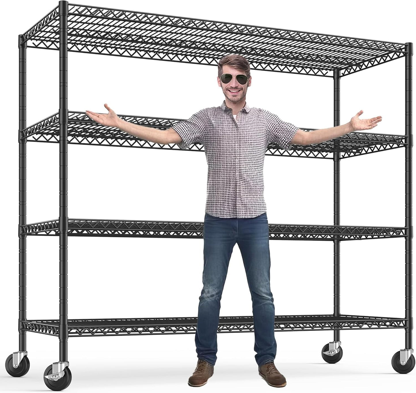 REIBII 2480LBS Capacity Heavy Duty Storage Shelves with Wheels, 1-Inch (25.4mm) Steel Tube, Adjustable Wire Shelving for Garage, Warehouse, Pantry & Commercial Use, 75.6" H x 55.5" W x 24" D