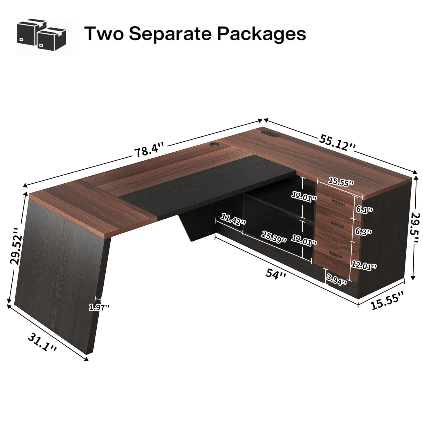 Epecoya L-Shaped Executive Desk with Drawer, 78-Inch Large Home Office Desk with Cord Hold and Power Outlet, Modern Computer Table with Lateral File Cabinet,Open Shelf and PC Stand, Walnut Brown Black