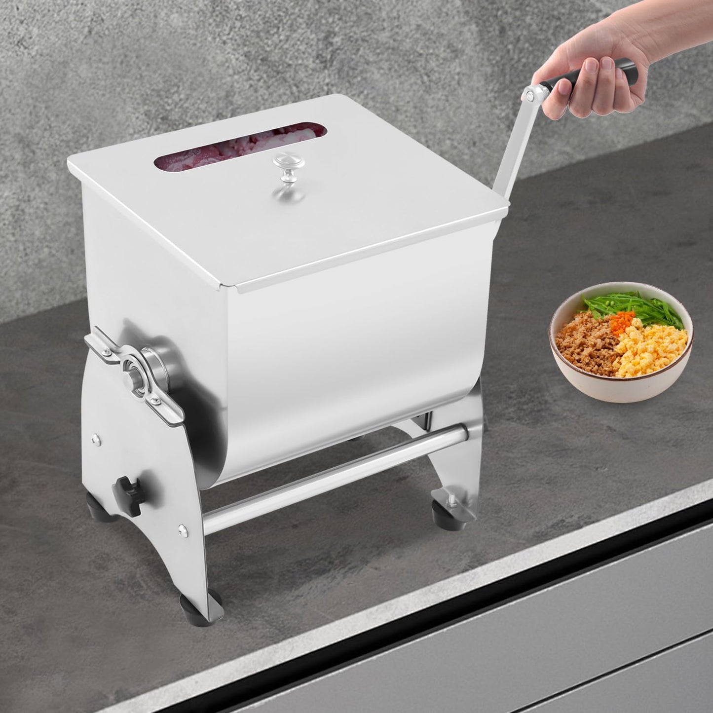 Commercial Tilting Meat Mixer, 22 lb Stainless Steel Sausage Mixer Machine, Manual Crank with Removable Paddle & Non-Slip Base, for Burger Jerky Seasoning, Home & Restaurant Use