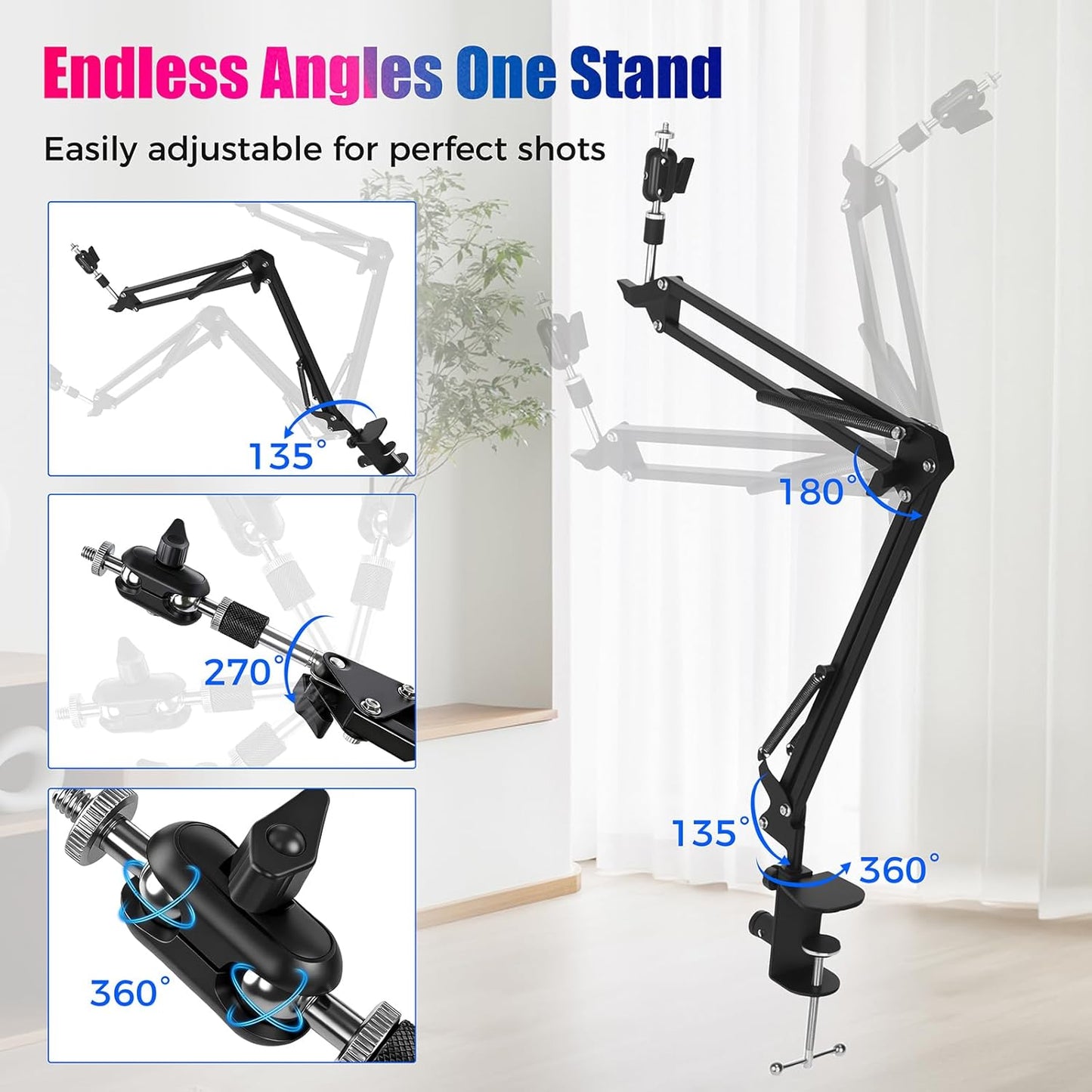 ellrkr 30" 360 1/4" 5/8" Magic Arm Holder w Clamp - Overhead Phone Mount for Desk, Smooth & Thread Webcam Stand