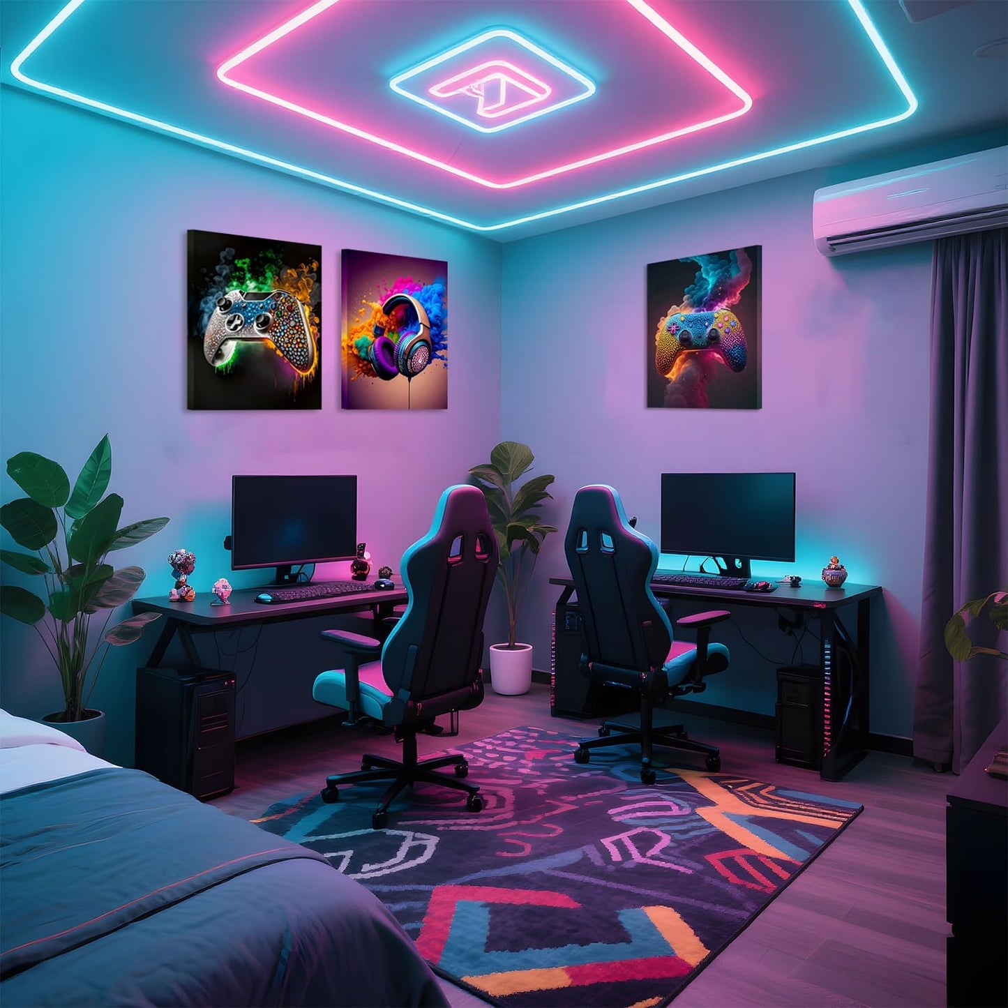 SEHSUVC Gaming Room Canvas Wall Art - Set of 3 Framed Game Posters for Boys' Bedrooms | 12x16 In