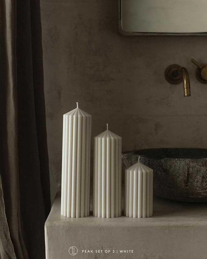 LAWA Ribbed Peak Pillar Candle - Large Beautiful Handmade Pillar Scented Soy Wax Candle Elegant Bubble Aesthetic Candle Housewarming Gift Home Room Shelf Decor Idea White (Set of 3, White)