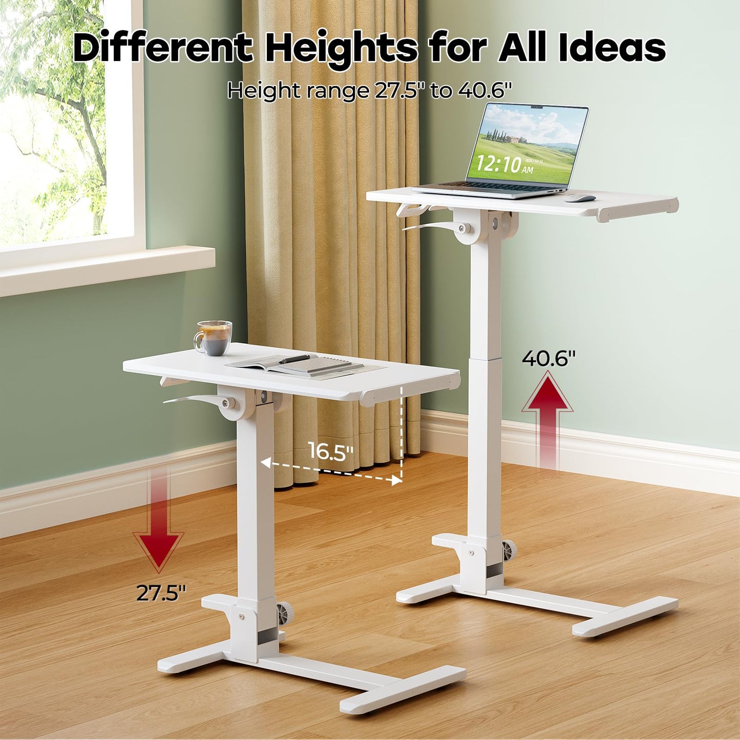 JYLH JOYSEEKER Foldable Mobile Standing Desk, 27 Inch Small Rolling Laptop Cart Height Adjustment, 90° Tiltable Bedside Table, No Assembly Needed Portable Computer Workstation, White