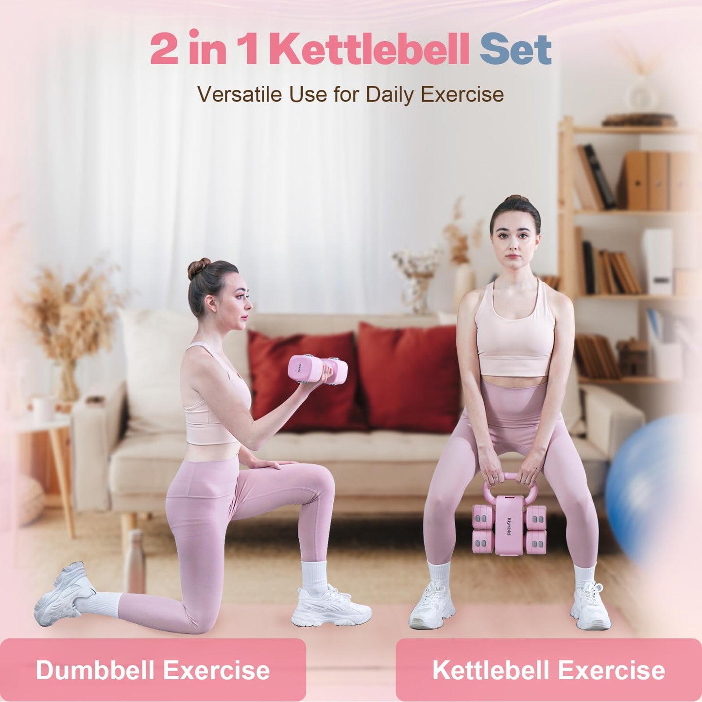 kisnbld Adjustable Dumbbell Set of 2, 2 in 1 Free Weights Dumbbells & Kettlebell Set for Women with Fast Adjustment, Each 2lb 3lb 4lb 5lb Hand Weights Set for Home Gym & Outdoor Exercise Training