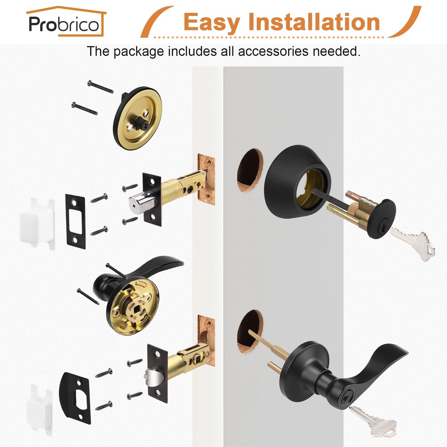 Probrico Front Door Handle and Single Cylinder Deadbolt Set, Black Exterior Door Handle with Deadbolt Lockset,Wave Reversible Door Lever Locks with Deadbolt Set, Keyed Alike 3Pack
