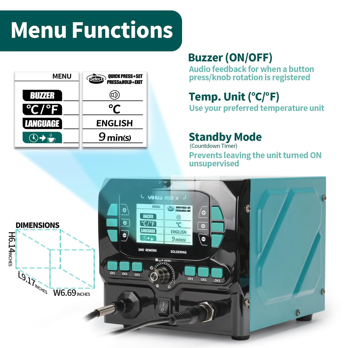 YIHUA 992D-II 2-IN-1 Precision Soldering Kit with Hot Air Pencil and C210 Soldering Iron, Precision Soldering Station with Dynamic LCD Display, Low-Wear Mode, 3 Preset Channels, 8 Hot Air Nozzles