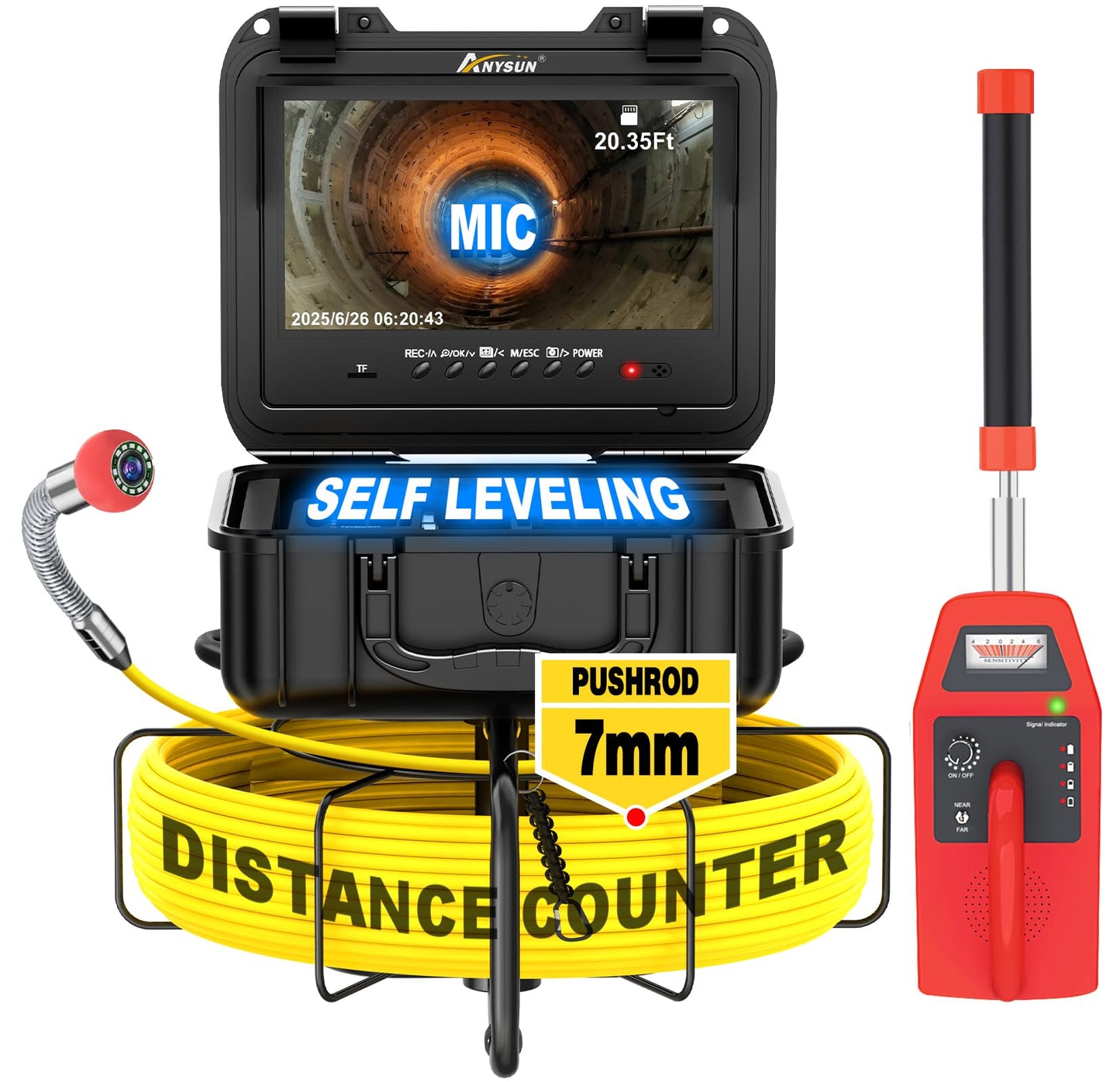 Anysun Self Leveling Sewer Camera with Locator, Distance Counter, 7MM Thicker Cable, 300Ft/91.5M Pipe Inspection Cameras with 9'' 1080P IPS Screen, IP68 Sewer Drain Cam with DVR Recorder & 32GB Card