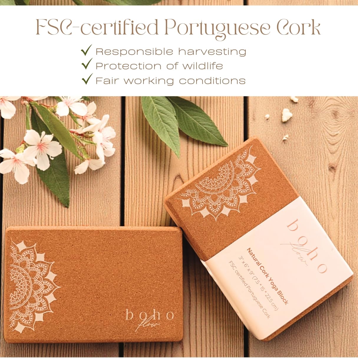 Boho Flow Cork Yoga Block Set – 2 Pack with Strap & Canvas Bag | Luxury Portuguese Yoga Blocks 9”x6”x3” | Heavy-Duty, Non-Slip Support | Eco-Friendly, Plastic-Free Materials
